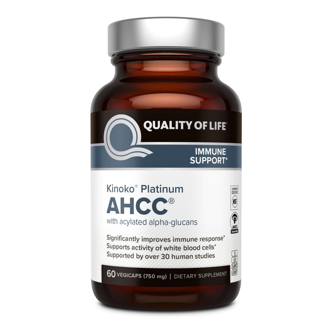 Quality of Life Premium Kinoko Platinum AHCC Herbal Supplement, 750mg per Capsule, for Immune Support, Liver Function, Maintains Natural Killer Cell Activity - PrimeBioHealth - canada supplements