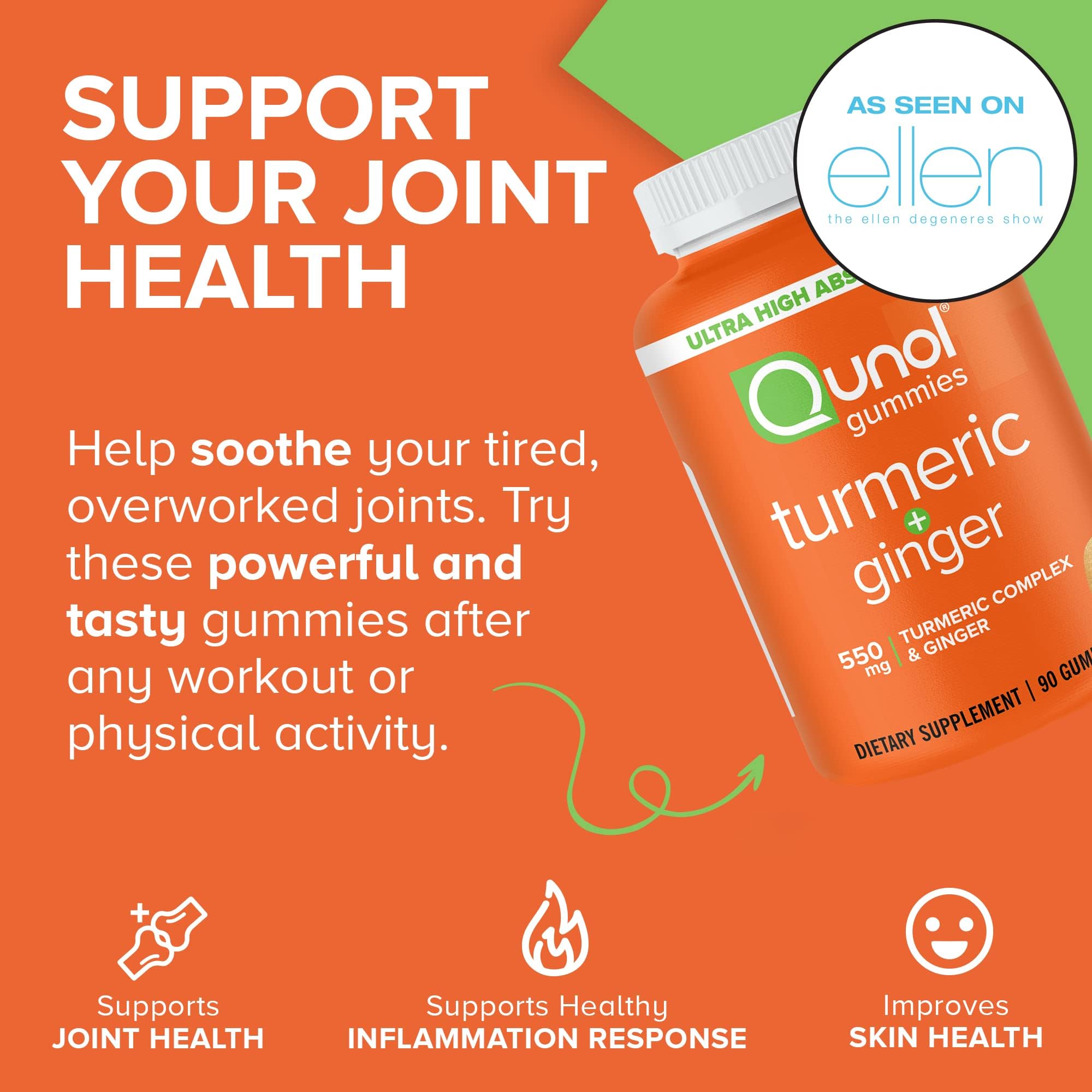 Qunol Turmeric and Ginger Gummies - Joint Support Supplement with Ultra High Absorption, 90 Count Vegan and Gluten Free Gummies - PrimeBioHealth - canada supplements