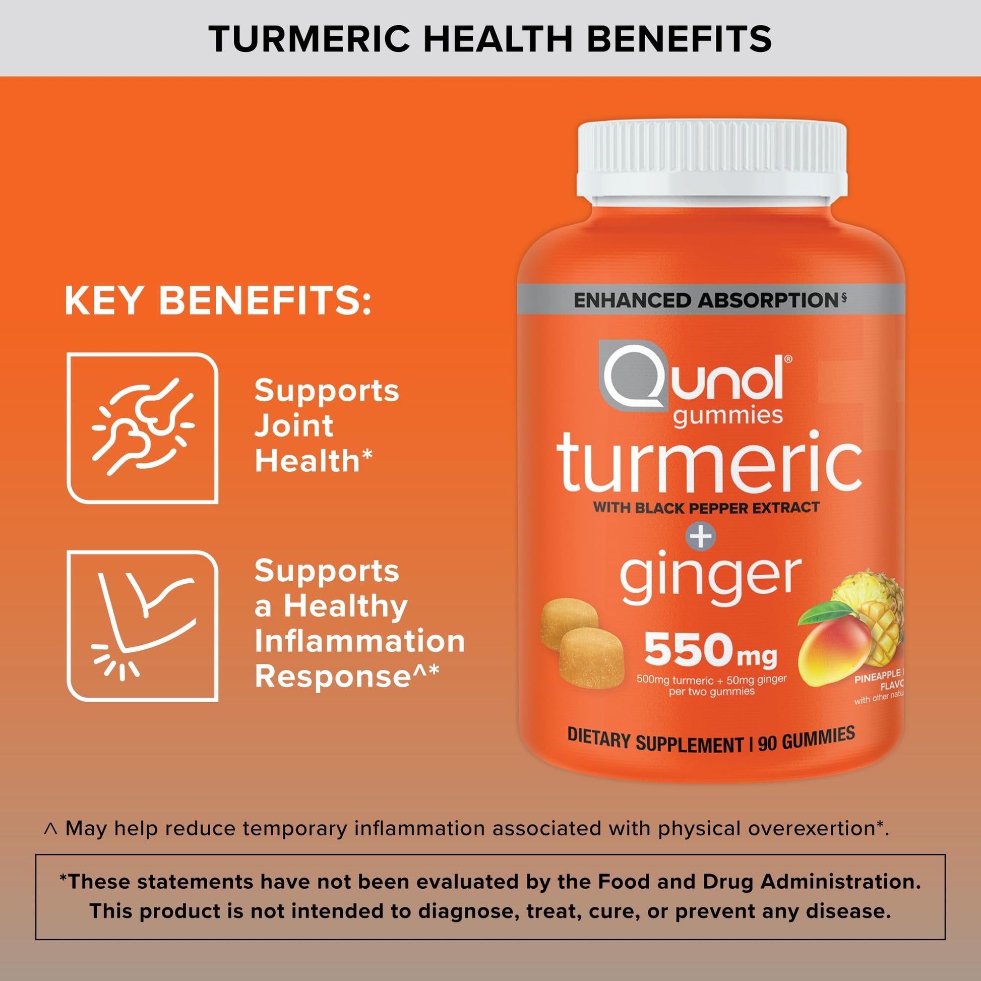 Qunol Turmeric and Ginger with Black Pepper Gummies, Turmeric Curcumin Supplement, Joint Health Support Gummy, 90ct Gummies - PrimeBioHealth - canada supplements