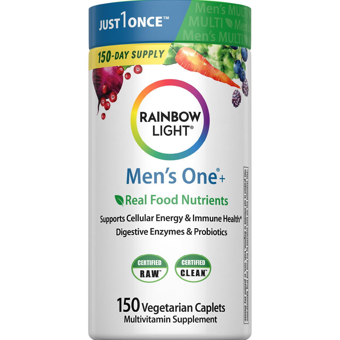 Rainbow Light Mens Multivitamin One + | 150 Caplets | Supports Cellular Energy & Immune Health | with Vitamins C, D, and Zinc | Real Food Nutrients - PrimeBioHealth - canada supplements