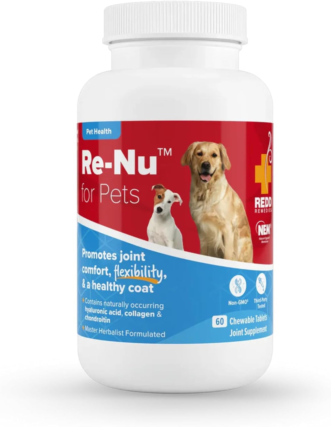 Redd Remedies, RE-NU for Pets, Joint Pain Relief Support for Dogs with Glucosamine, Chondroitin, and Collagen from NEM, Calcium and Brewer’s Yeast, Made in The USA, 60 Chewable Tablets - PrimeBioHealth - canada supplements