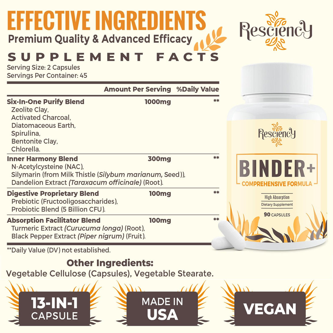 Resciency Detox Binder Supplement – Activated Charcoal, Zeolite, Bentonite Clay, Milk Thistle, Proprietary Blends - Liver & Gut, Max Absorption, 90 Vegan Capsules - PrimeBioHealth - canada supplements