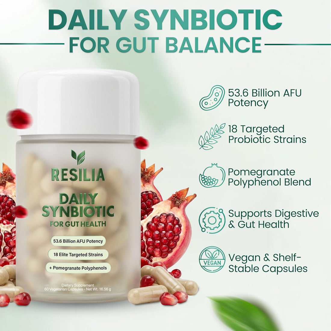 Resilia Synbiotic Probiotic + Prebiotic Supplement for Women & Men – 53.6 Billion AFU, 18 Strains, Shelf-Stable Capsules with Polyphenols, Digestive & Gut Balance Support, 60 Capsules - PrimeBioHealth - canada supplements