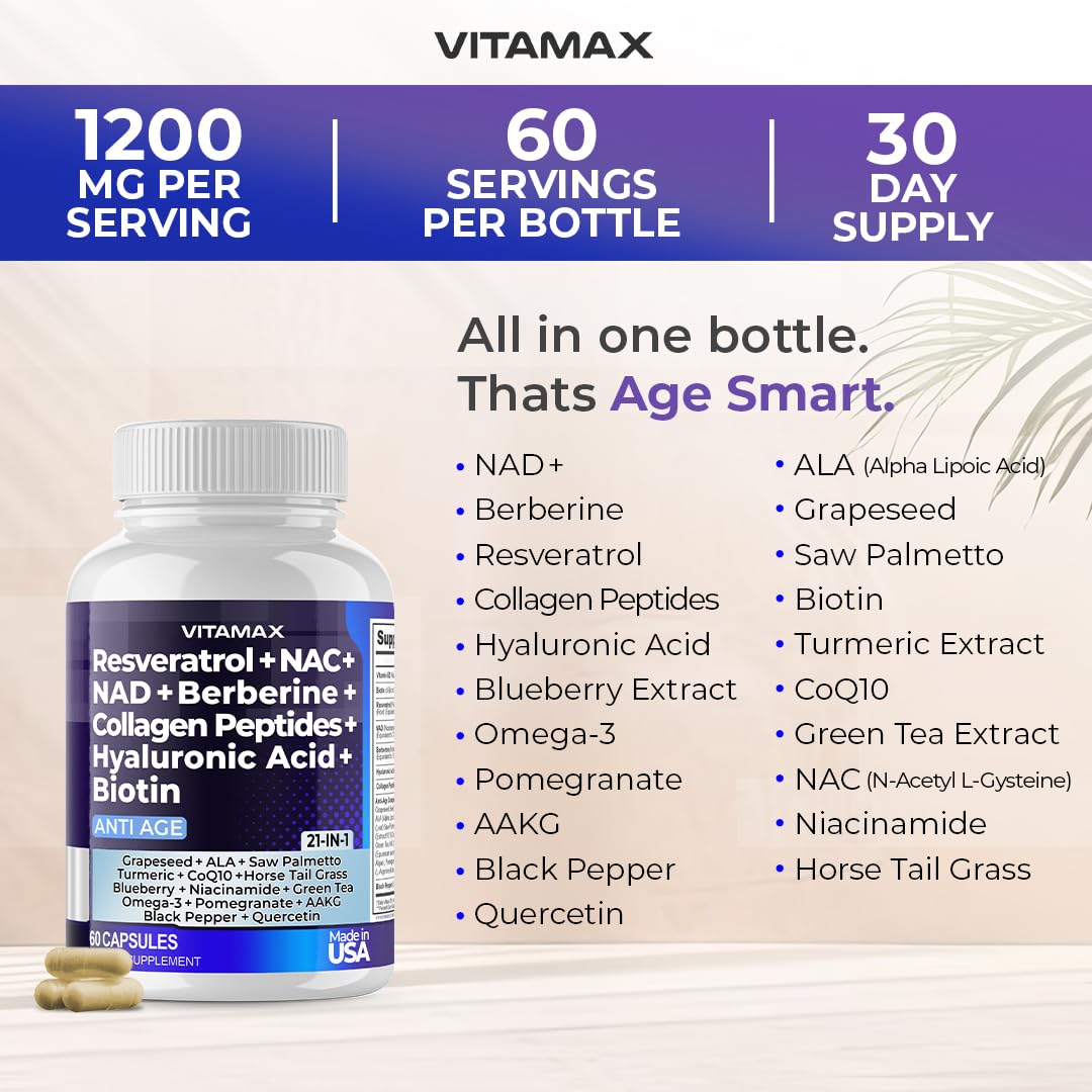 Resveratrol NAD+ Berberine Hyaluronic Acid - Biotin Grape & Blueberry + NAC - Collagen Peptides - Hair, Nail, Skin & Joint Supplement - 21-in-1 Women and Men - PrimeBioHealth - canada supplements