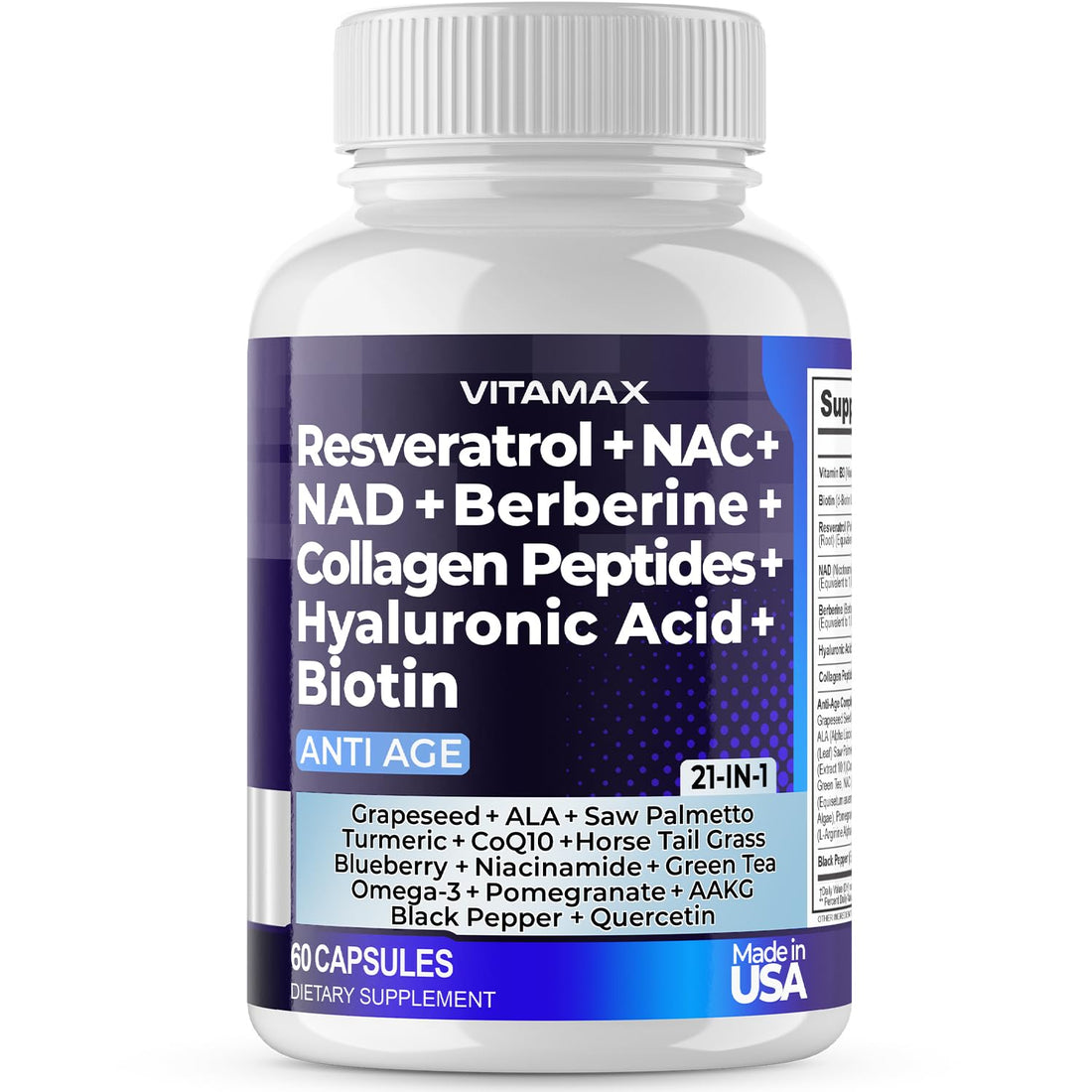 Resveratrol NAD+ Berberine Hyaluronic Acid - Biotin Grape & Blueberry + NAC - Collagen Peptides - Hair, Nail, Skin & Joint Supplement - 21-in-1 Women and Men - PrimeBioHealth - canada supplements
