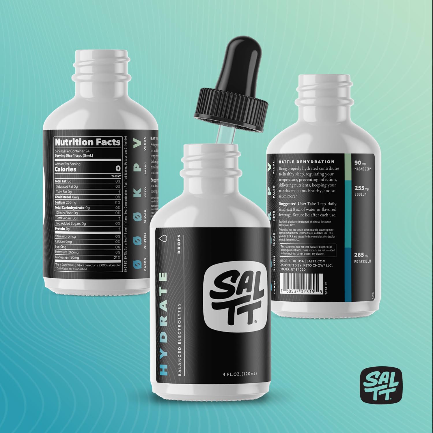 SALTT - Hydrate (4 oz) - Electrolytes Drops - Energy Boost - Sodium, Potassium, Magnesium, Zinc, Copper - Unflavored - Ultra Low Carb - Zero Sugar, Vegan, - PrimeBioHealth - canada supplements