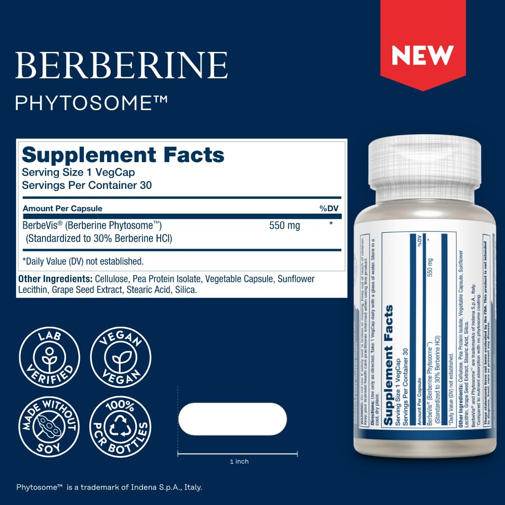 SOLARAY Berberine Phytosome - 9X Absorption and Easy-to-Digest - Standardized to 30% Berberine HCl - Vegan, Made Without Soy - PrimeBioHealth - canada supplements