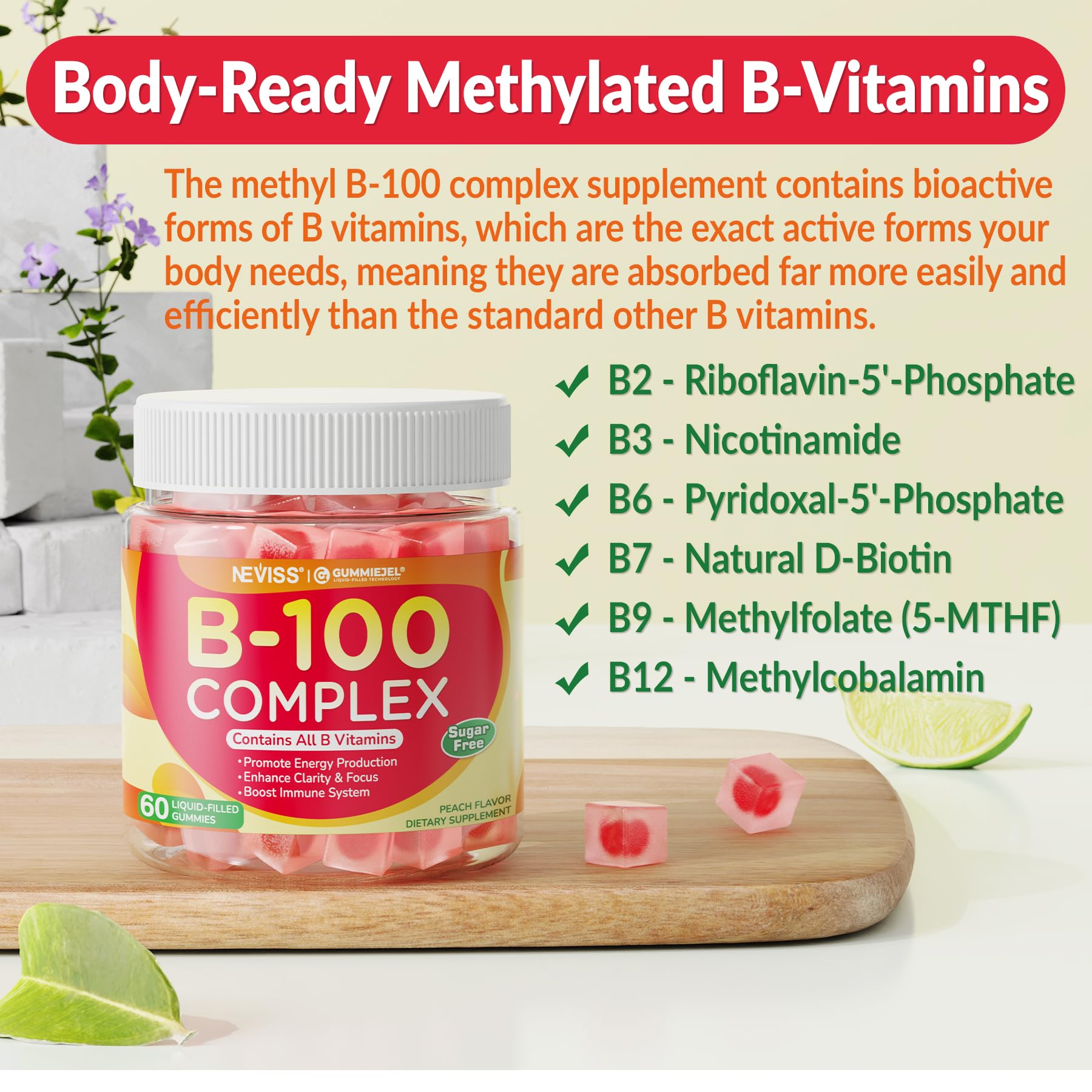 Super Vitamin B Complex Gummies - Methylated B Complex for Women & Men, All B Vitamins, Methyl B12, Methylfolate, Vitamin C, Choline, Inositol, PABA for Energy, Brain & Immune, 0g Sugar, Vegan, 60 Cts - PrimeBioHealth - canada supplements