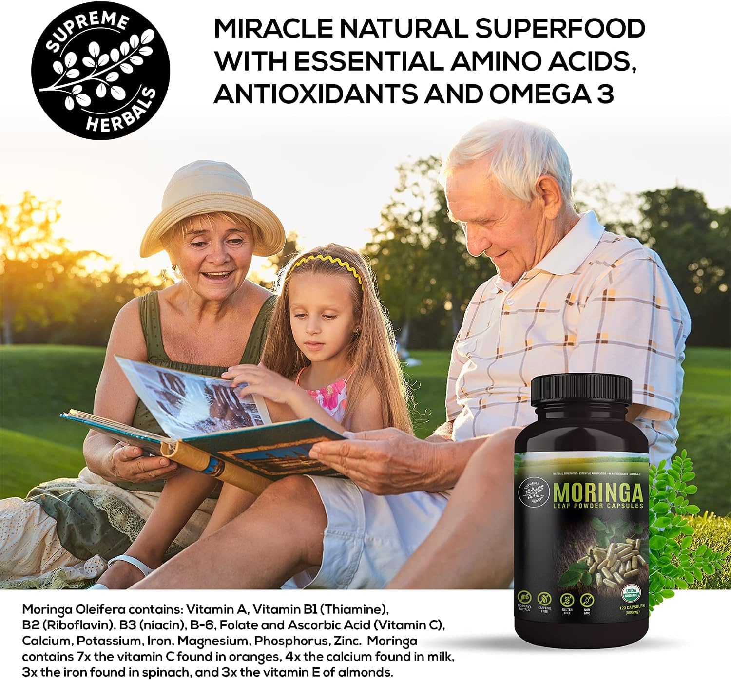 SUPREME HERBALS, 100% Raw and Pure Moringa Leaf Powder Capsules. Organic Certified Moringa Leaf. Natural Superfood with Essential Amino Acids - PrimeBioHealth - canada supplements