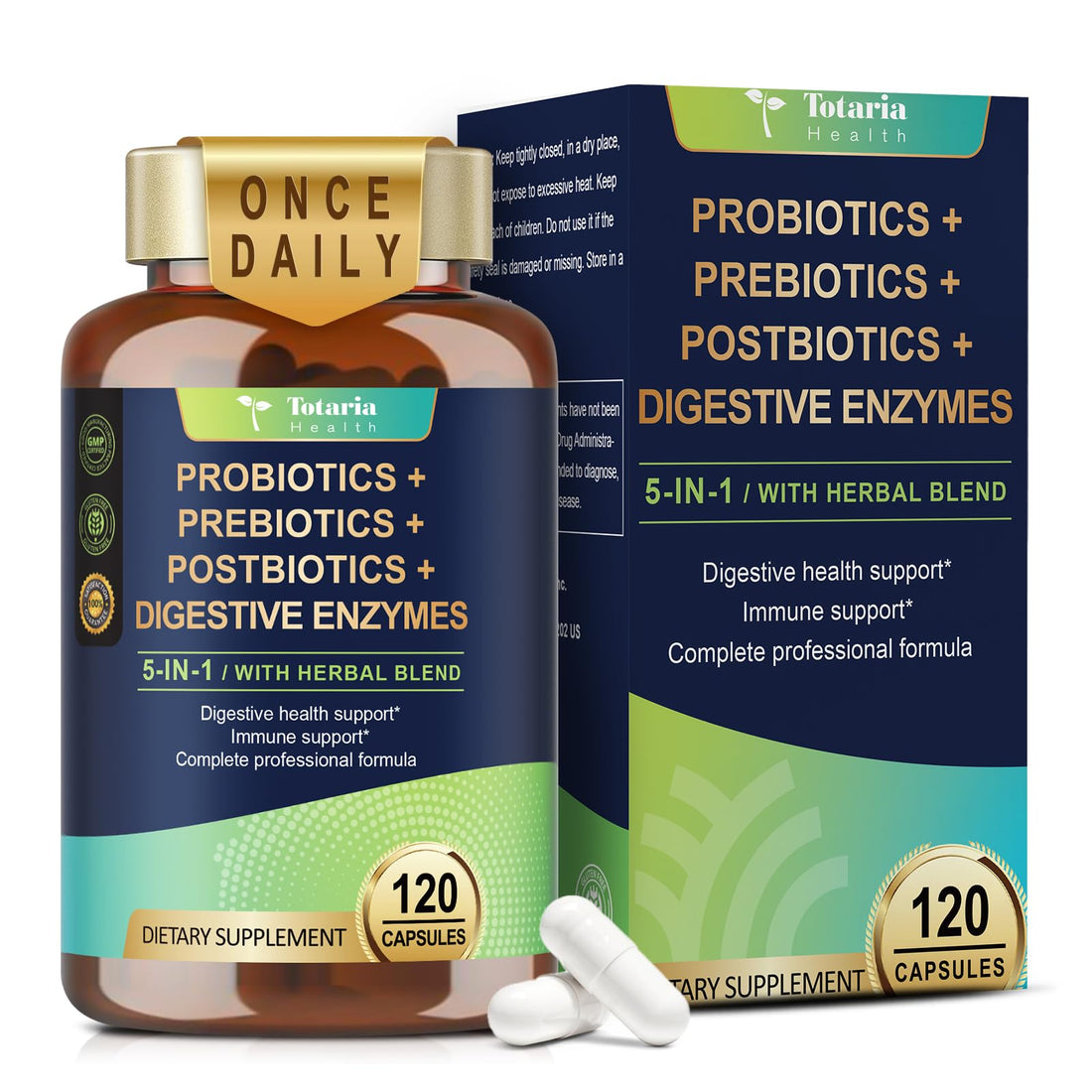 Totaria 5-in-1 60 Billion CFU Probiotic Prebiotic & Postbiotic for Women & Men, w/Digestive Enzymes, Slippery Elm, Daily Complete Gut Health, - PrimeBioHealth - canada supplements