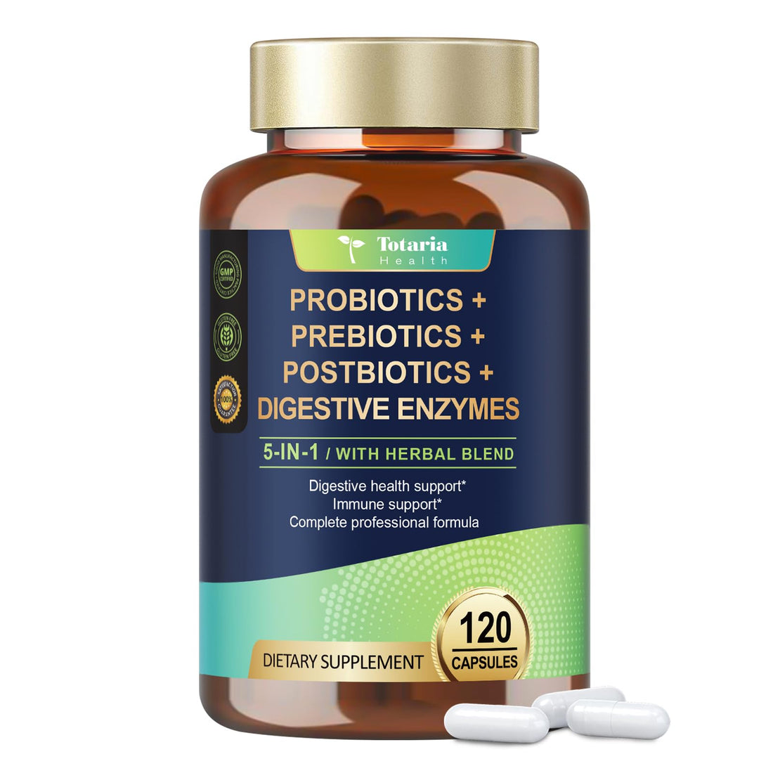 Totaria 5-in-1 Probiotic Prebiotic & Postbiotic for Women Men, 60 Billion CFU 24 Strains w/Digestive Enzymes, Prebiotic Fiber, Slippery Elm - PrimeBioHealth - canada supplements