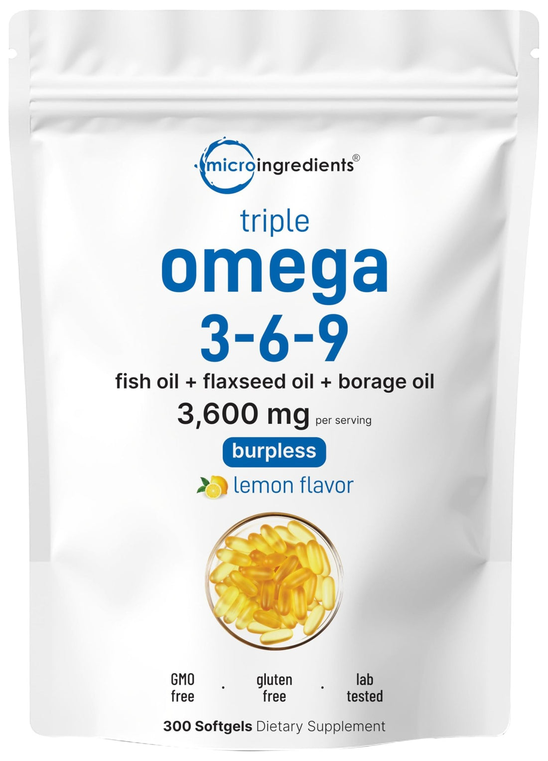 Ultra Omega 3-6-9 3600mg Per Serving, 300 Burpless Softgels | Lemon Flavor – Blend of Fish, Flaxseed, Borage Oils | Bioavailable Source - PrimeBioHealth - canada supplements