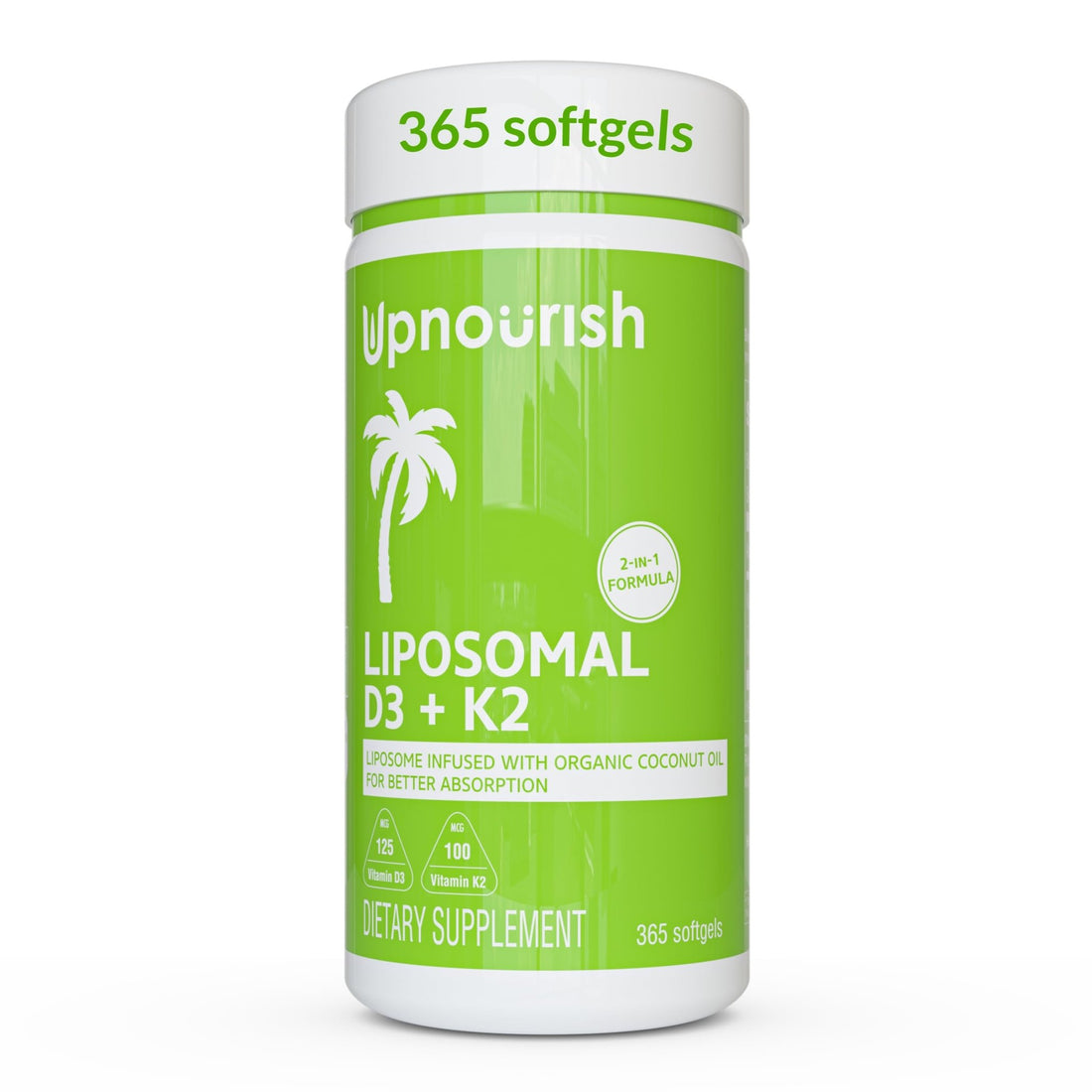 UpNourish Liposomal D3 K2 MK-7 – 365 Mini softgels with Organic Coconut Oil - 5000 IU 125 mcg Vitamin D3 and 100 mcg Vitamin k2 - PrimeBioHealth - canada supplements