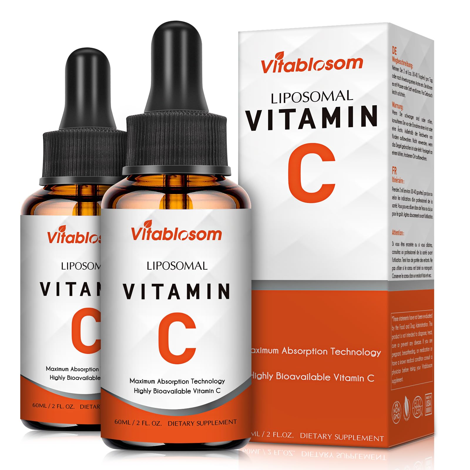 Vitablosom Liposomal Vitamin C 2000mg Liquid for Adults, High Absorption VIT C, Maximize Vitamin C, Immune System & Antioxidant Support, 60ML (2 Bottle) - PrimeBioHealth - canada supplements