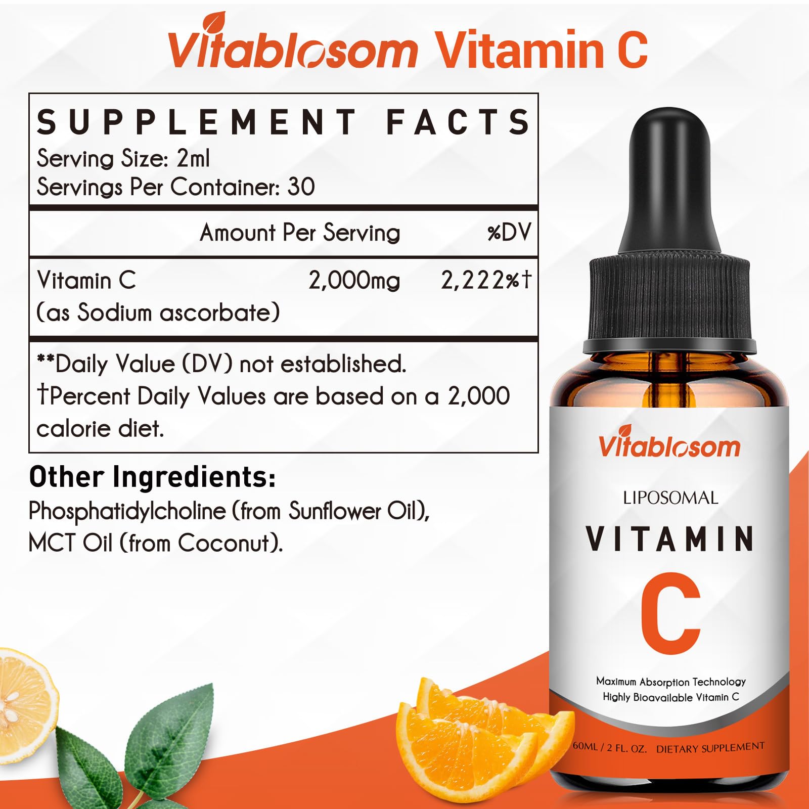 Vitablosom Liposomal Vitamin C 2000mg Liquid for Adults, High Absorption VIT C, Maximize Vitamin C, Immune System & Antioxidant Support, 60ML (2 Bottle) - PrimeBioHealth - canada supplements