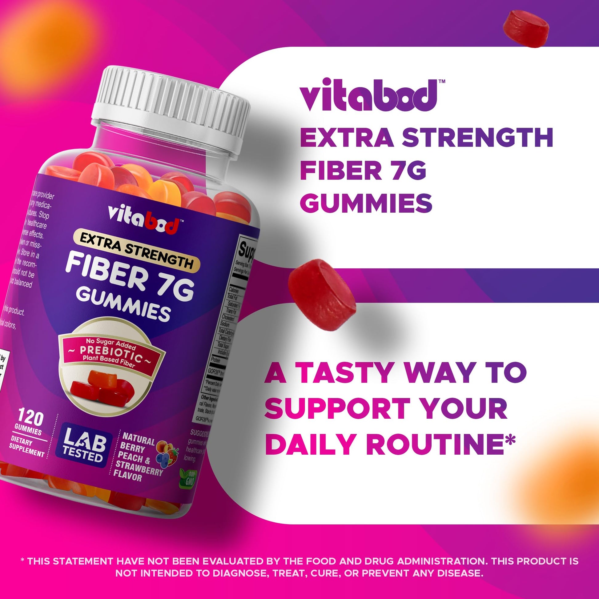 Vitabod Fiber Gummies 7G Per Serving for Digestive Health & Regularity, Prebiotic GOFOS™ Plant-Based Fiber, No Sugar Added, Vegan, Berry Peach Strawberry, 120 Gummies (Adults, Women & Men) - PrimeBioHealth - canada supplements