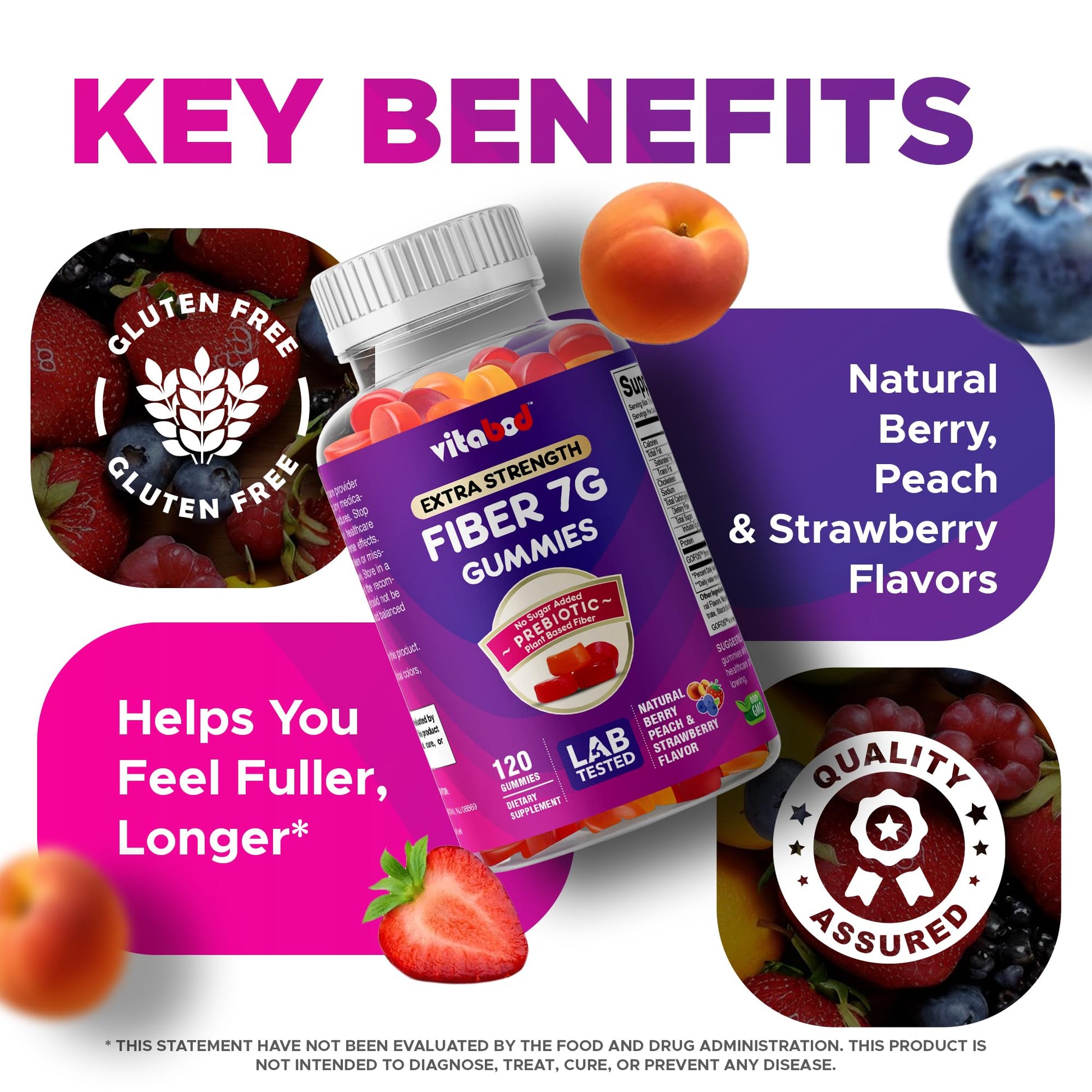 Vitabod Fiber Gummies 7G Per Serving for Digestive Health & Regularity, Prebiotic GOFOS™ Plant-Based Fiber, No Sugar Added, Vegan, Berry Peach Strawberry, 120 Gummies (Adults, Women & Men) - PrimeBioHealth - canada supplements