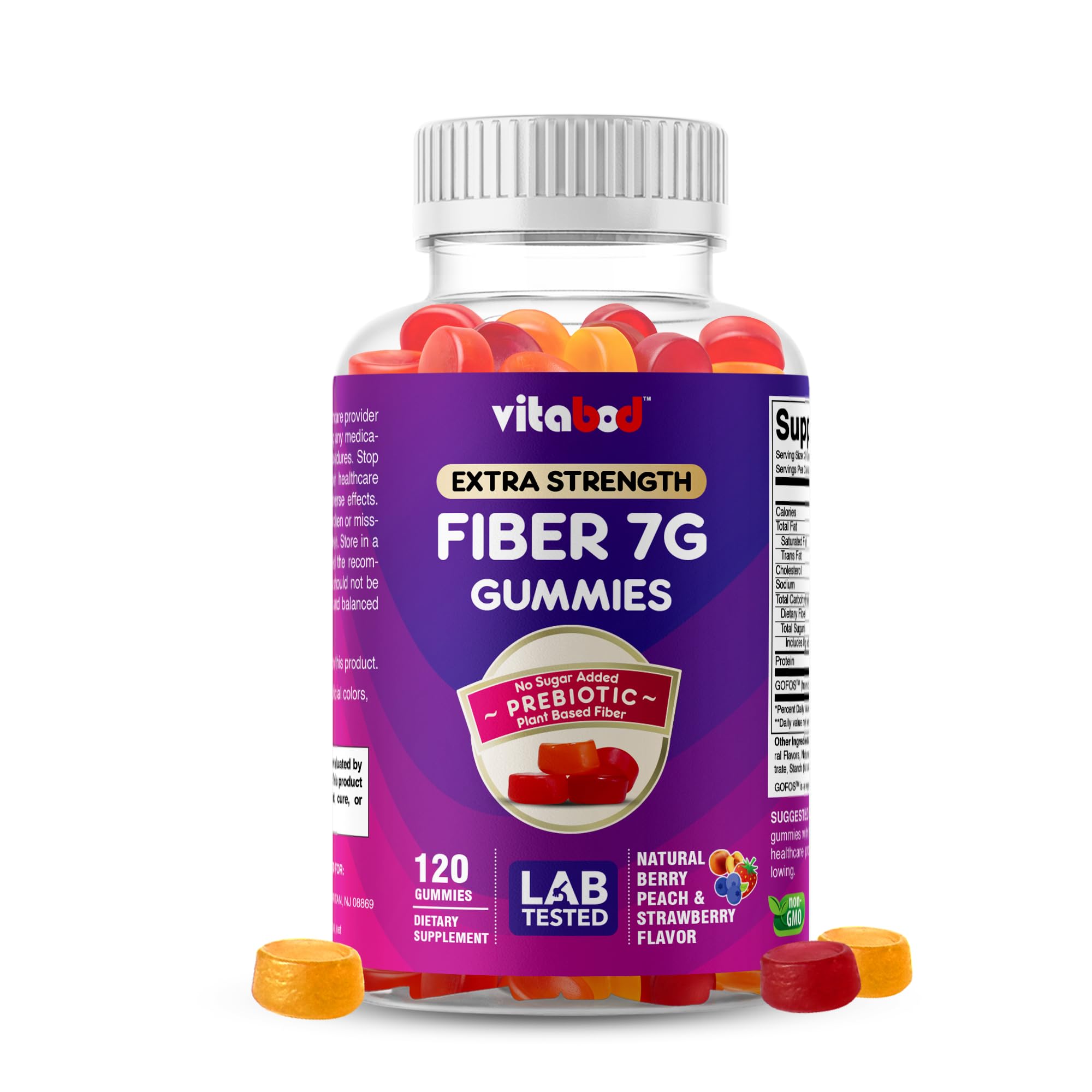 Vitabod Fiber Gummies 7G Per Serving for Digestive Health & Regularity, Prebiotic GOFOS™ Plant-Based Fiber, No Sugar Added, Vegan, Berry Peach Strawberry, 120 Gummies (Adults, Women & Men) - PrimeBioHealth - canada supplements