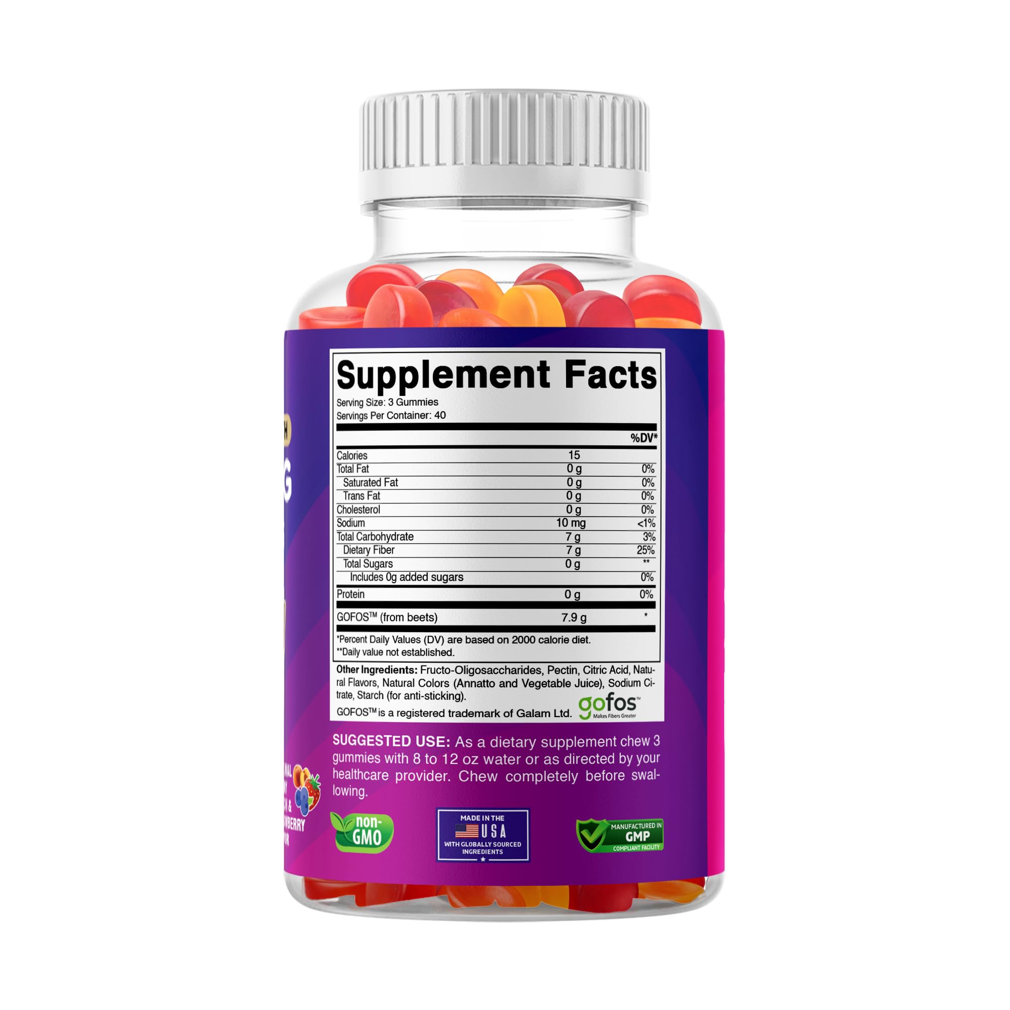 Vitabod Fiber Gummies 7G Per Serving for Digestive Health & Regularity, Prebiotic GOFOS™ Plant-Based Fiber, No Sugar Added, Vegan, Berry Peach Strawberry, 120 Gummies (Adults, Women & Men) - PrimeBioHealth - canada supplements
