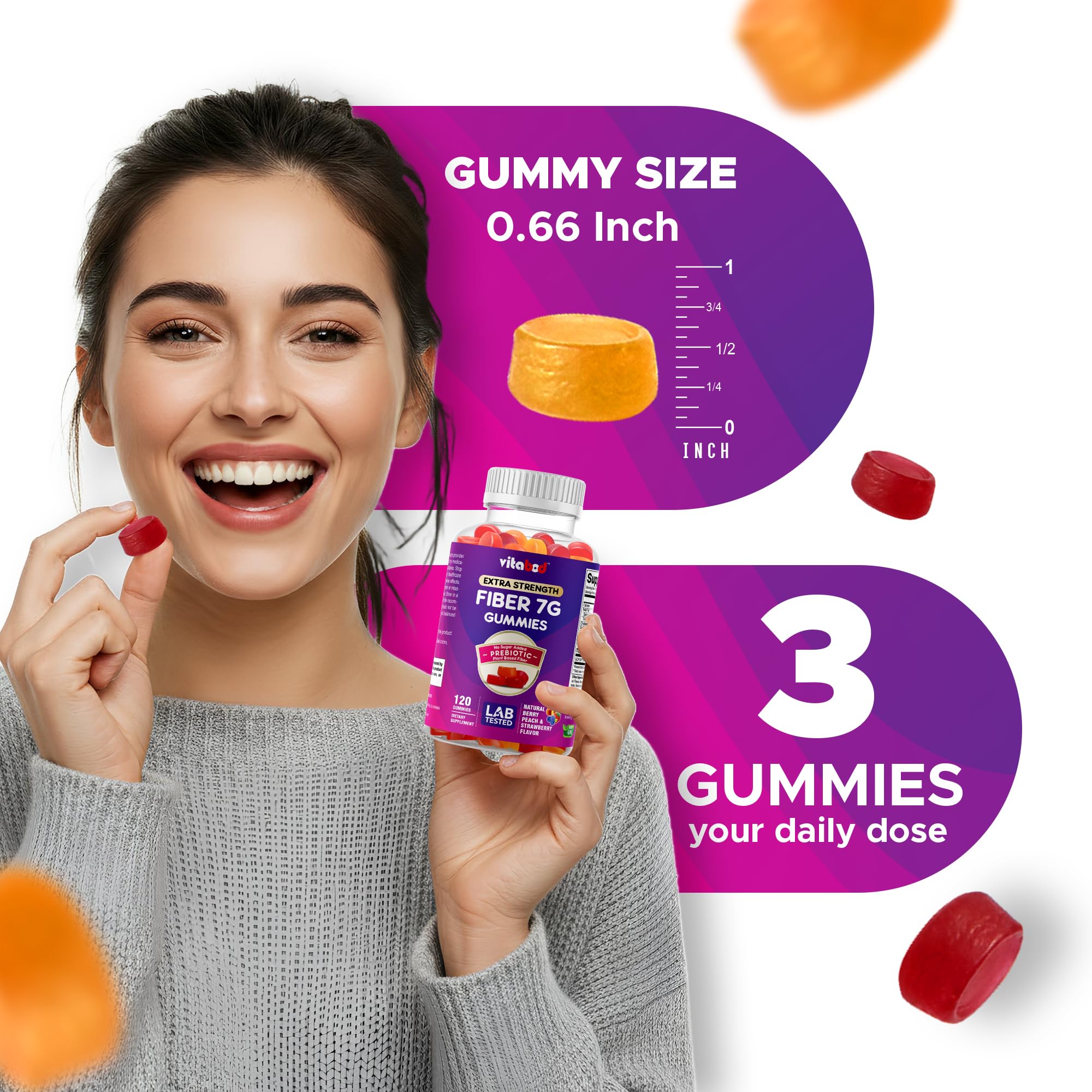 Vitabod Fiber Gummies 7G Per Serving for Digestive Health & Regularity, Prebiotic GOFOS™ Plant-Based Fiber, No Sugar Added, Vegan, Berry Peach Strawberry, 120 Gummies (Adults, Women & Men) - PrimeBioHealth - canada supplements