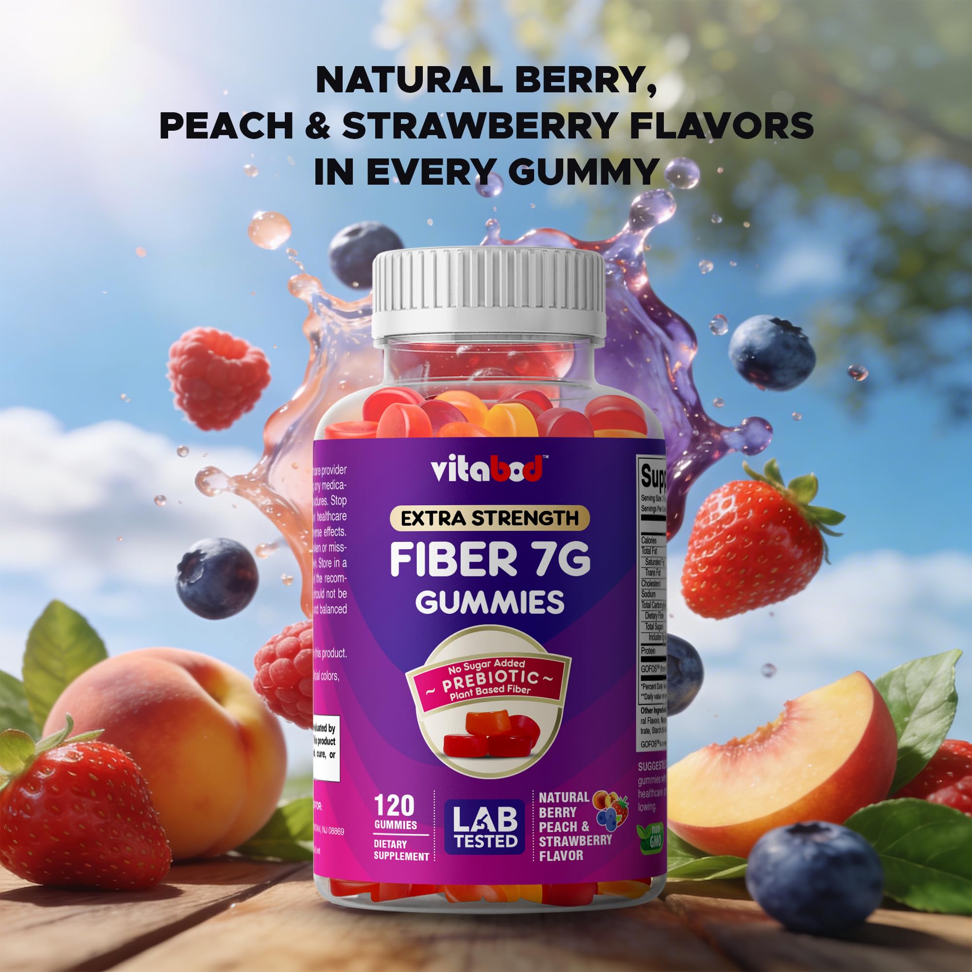 Vitabod Fiber Gummies 7G Per Serving for Digestive Health & Regularity, Prebiotic GOFOS™ Plant-Based Fiber, No Sugar Added, Vegan, Berry Peach Strawberry, 120 Gummies (Adults, Women & Men) - PrimeBioHealth - canada supplements