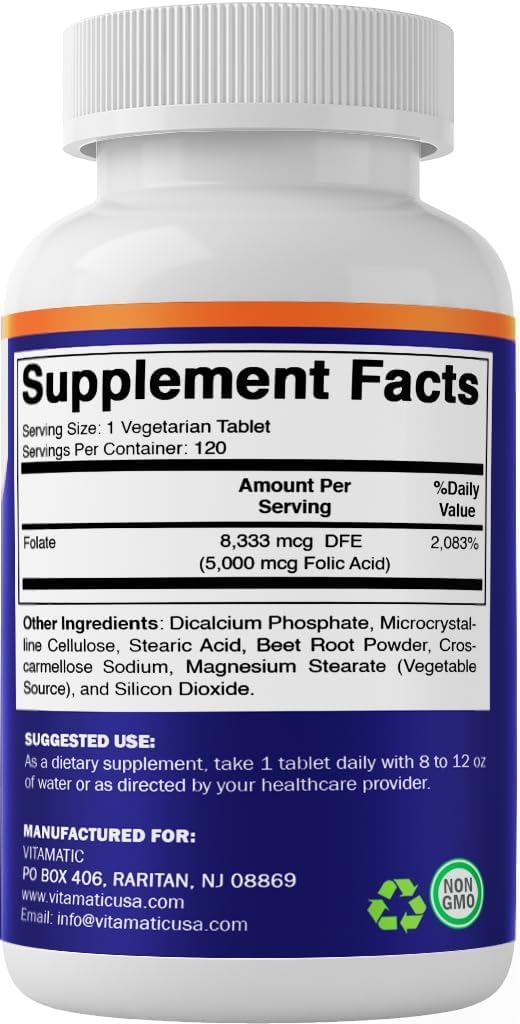 Vitamatic Folic Acid 5mg (5000 mcg) – 120 Vegetarian Tablets High Potency Vitamin B9 (Folate) for Cellular Health - PrimeBioHealth - canada supplements