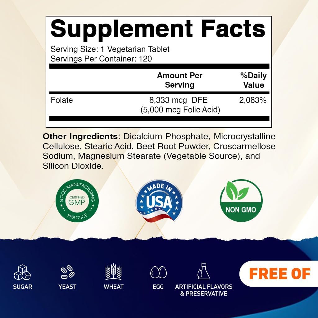 Vitamatic Folic Acid 5mg (5000 mcg) – 120 Vegetarian Tablets High Potency Vitamin B9 (Folate) for Cellular Health - PrimeBioHealth - canada supplements