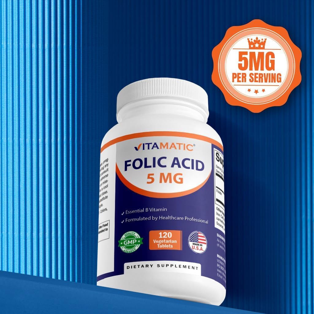 Vitamatic Folic Acid 5mg (5000 mcg) – 120 Vegetarian Tablets High Potency Vitamin B9 (Folate) for Cellular Health - PrimeBioHealth - canada supplements