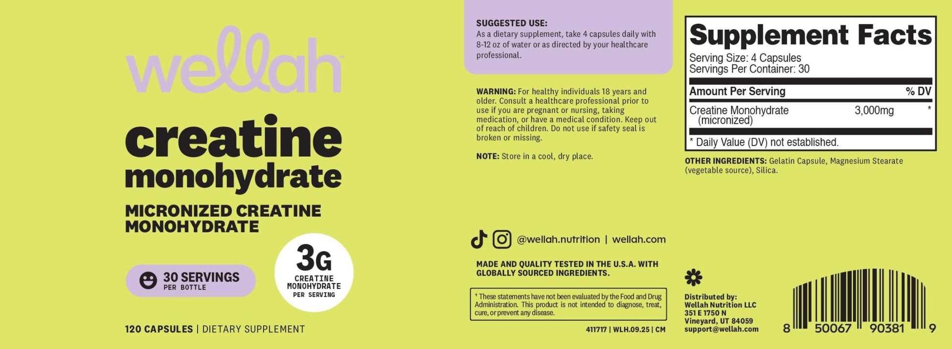 Wellah Creatine Monohydrate Capsules (3000 mg) 120 Capsules - Micronized Creatine, 30 Servings - PrimeBioHealth - canada supplements