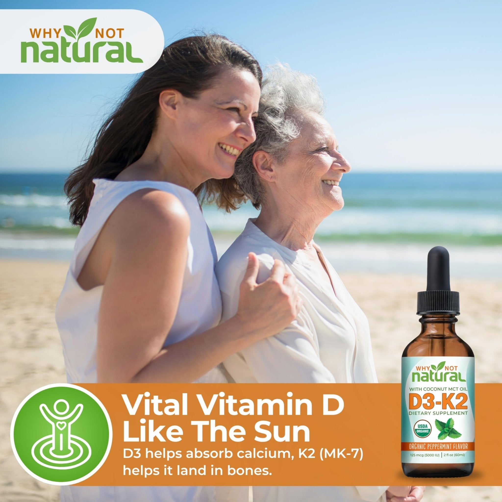 Why Not Natural Organic Vitamin D3 K2 (MK-7) Liquid Drops, 5000 IU of sublingual D3 with Coconut MCT Oil - PrimeBioHealth - canada supplements