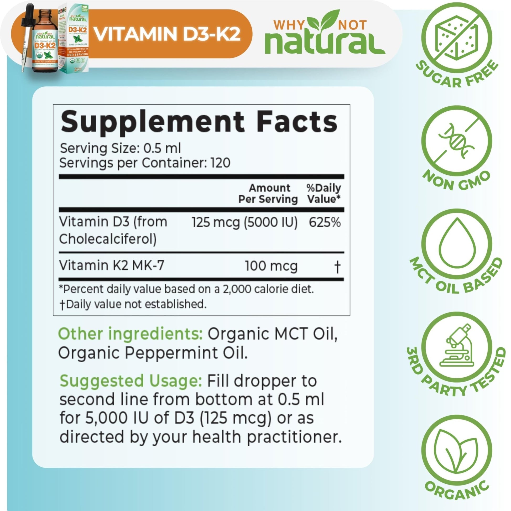 Why Not Natural Organic Vitamin D3 K2 (MK-7) Liquid Drops, 5000 IU of sublingual D3 with Coconut MCT Oil - PrimeBioHealth - canada supplements