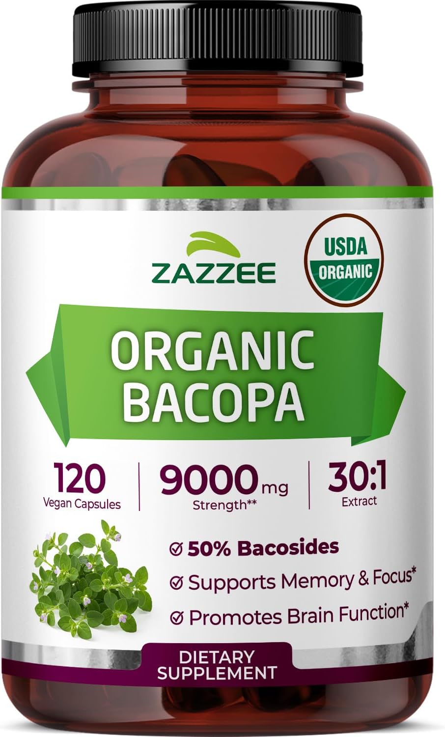 Zazzee USDA Organic Bacopa 30:1 Extract, 50% Bacosides, 120 Vegan Capsules, 4 Month Supply, Bacopa Monnieri, Cognitive, Brain & Memory Support, Non-GMO, Organic Herbal Supplement, Made in the USA - PrimeBioHealth - canada supplements