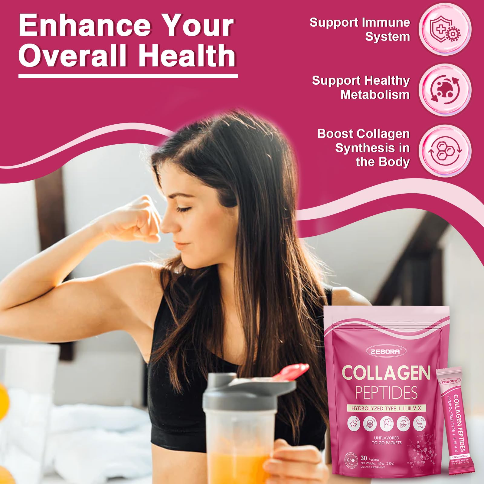 ZEBORA Multi Collagen Peptides Powder Packets with Hyaluronic Acid, Biotin, MCT - Hydrolyzed Collagen with 5 Billion Probiotics - PrimeBioHealth - canada supplements