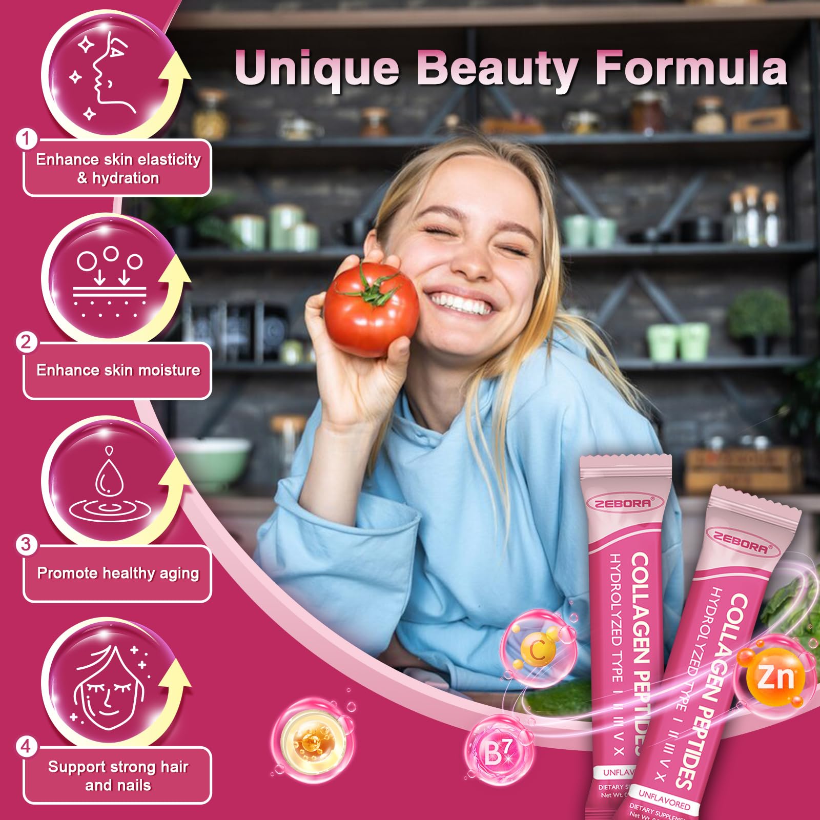 ZEBORA Multi Collagen Peptides Powder Packets with Hyaluronic Acid, Biotin, MCT - Hydrolyzed Collagen with 5 Billion Probiotics - PrimeBioHealth - canada supplements
