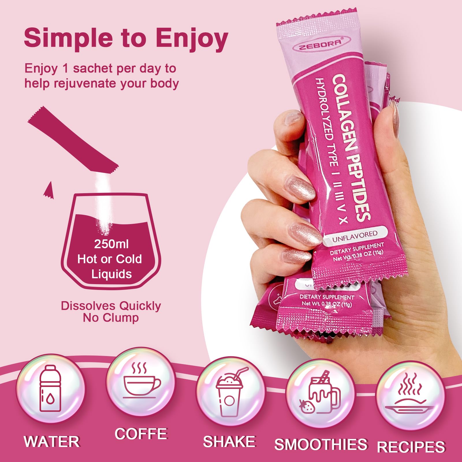 ZEBORA Multi Collagen Peptides Powder Packets with Hyaluronic Acid, Biotin, MCT - Hydrolyzed Collagen with 5 Billion Probiotics - PrimeBioHealth - canada supplements
