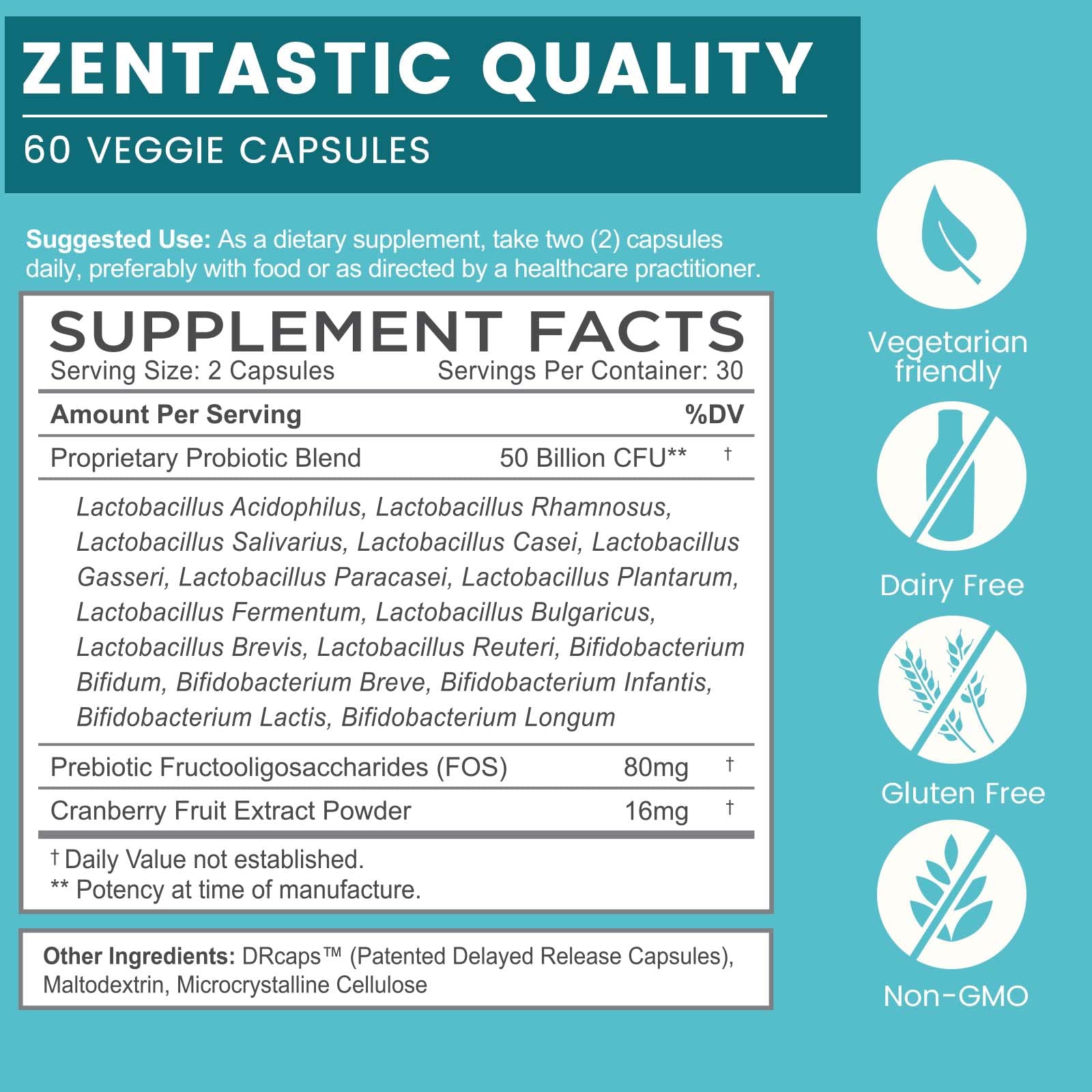 Zentastic Probiotics & Prebiotics Supplement - 50 Billion CFU - for Men & Women’s Immune & Digestive Health - 16 Strains - Shelf Stable - PrimeBioHealth - canada supplements