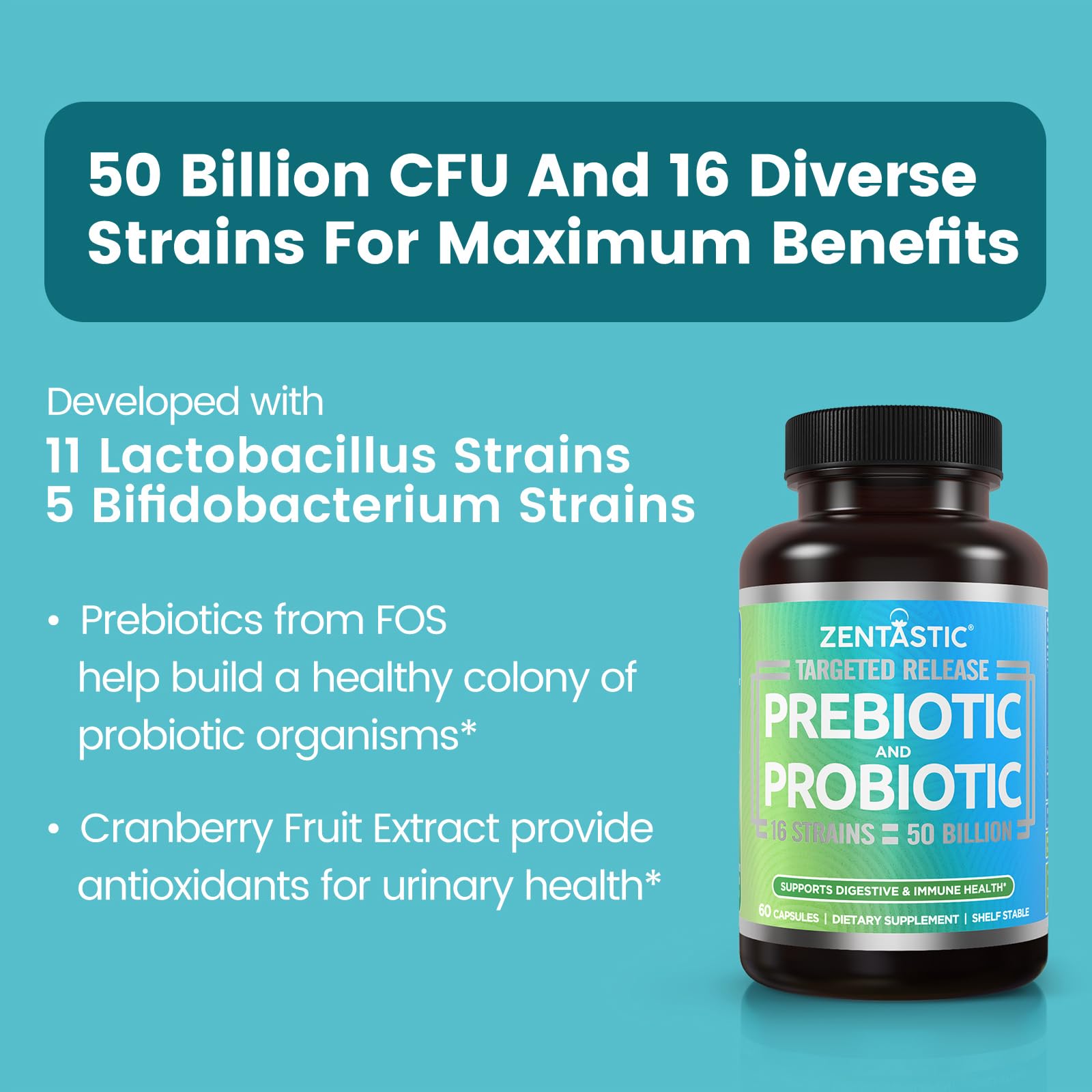 Zentastic Probiotics & Prebiotics Supplement - 50 Billion CFU - for Men & Women’s Immune & Digestive Health - 16 Strains - Shelf Stable - PrimeBioHealth - canada supplements