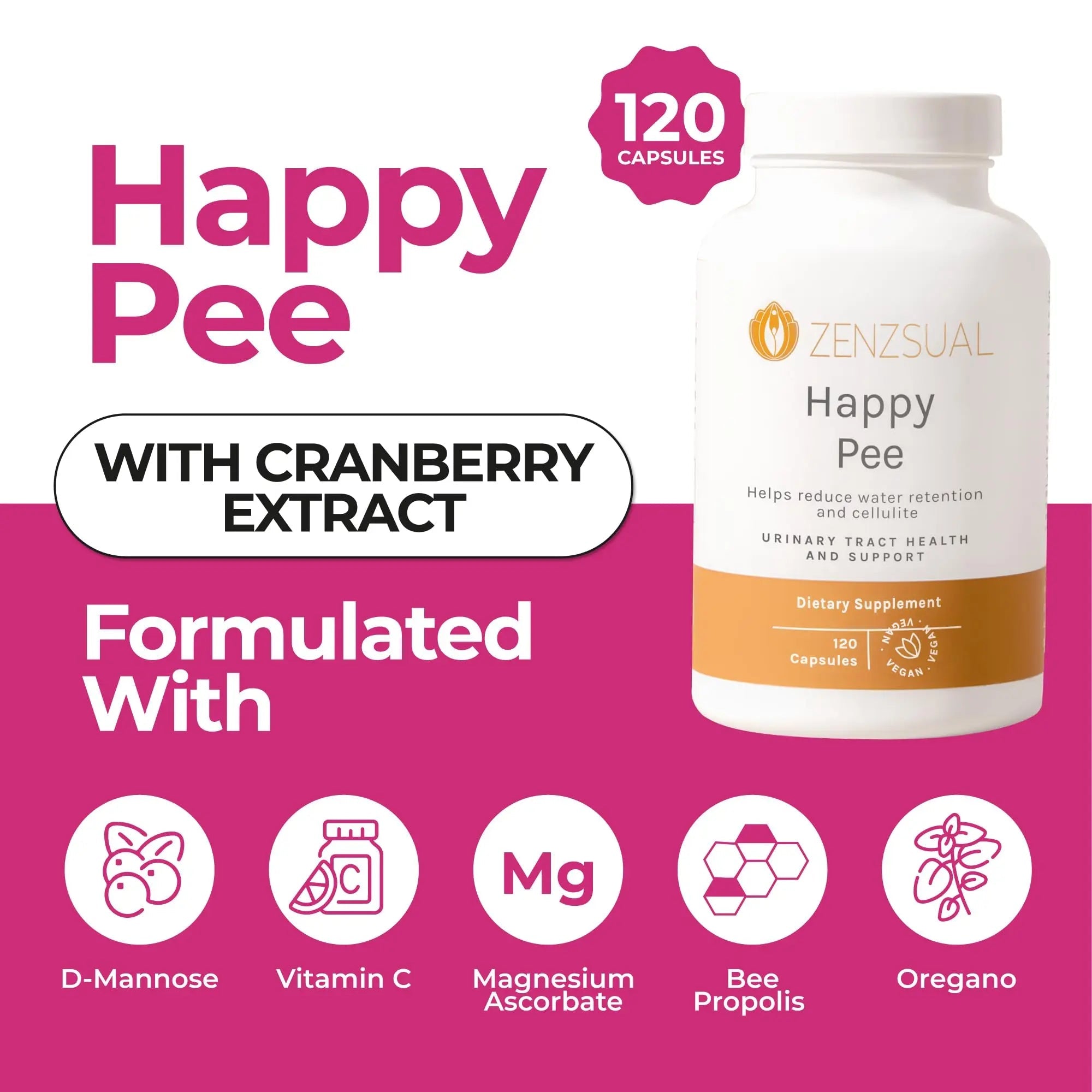 ZENZSUAL Happy Pee, 120 Capsules – Urinary Tract Support & Bladder Health Supplement with Cranberry, D-Mannose, Vitamin C and Oregano for Women and Men – Healthy Flow, Comfort & Fluid Balance - PrimeBioHealth - canada supplements