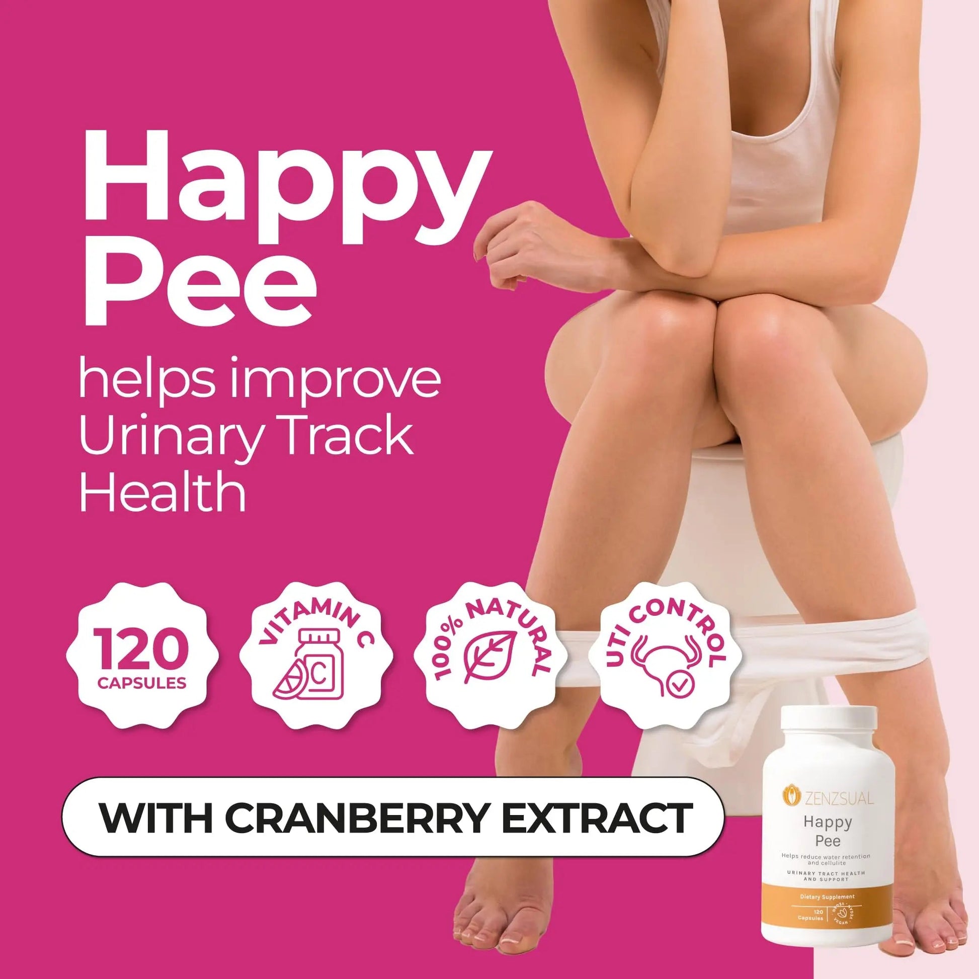 ZENZSUAL Happy Pee, 120 Capsules – Urinary Tract Support & Bladder Health Supplement with Cranberry, D-Mannose, Vitamin C and Oregano for Women and Men – Healthy Flow, Comfort & Fluid Balance - PrimeBioHealth - canada supplements
