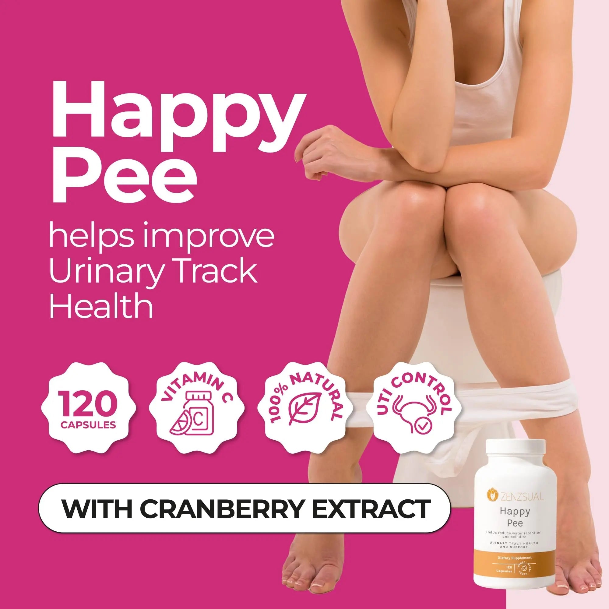 ZENZSUAL Happy Pee, 120 Capsules – Urinary Tract Support & Bladder Health Supplement with Cranberry, D-Mannose, Vitamin C and Oregano for Women and Men – Healthy Flow, Comfort & Fluid Balance - PrimeBioHealth - canada supplements