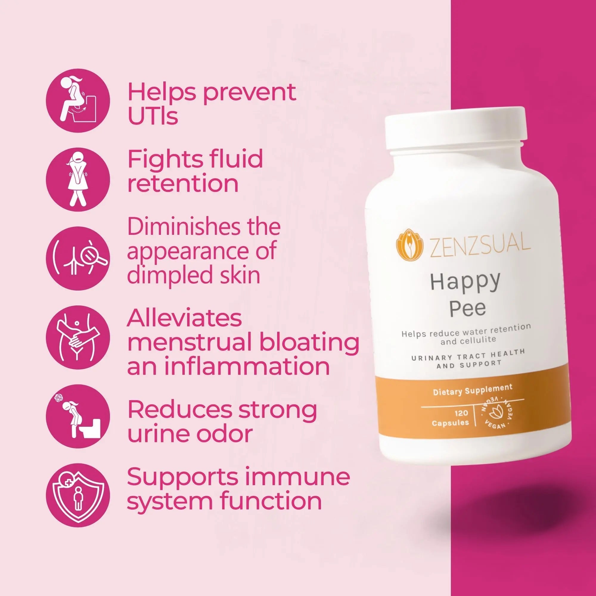 ZENZSUAL Happy Pee, 120 Capsules – Urinary Tract Support & Bladder Health Supplement with Cranberry, D-Mannose, Vitamin C and Oregano for Women and Men – Healthy Flow, Comfort & Fluid Balance - PrimeBioHealth - canada supplements