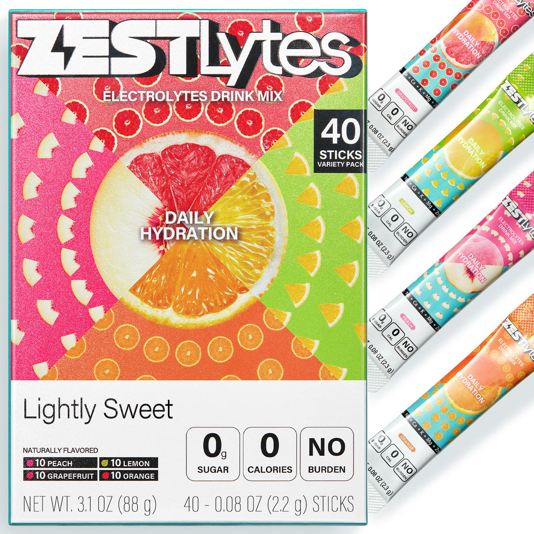 ZestLytes 40 Sticks Low Sodium Sugar Free & 0 Calorie Electrolyte Hydration Packets, Lightly Sweet Electrolyte Powder Drink Mix, Liquid Daily IV Flavors | Lemon Orange Peach Grapefruit - PrimeBioHealth - canada supplements