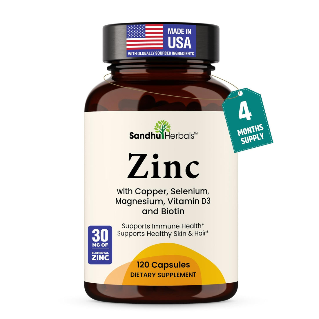 Zinc 30mg With Copper, Selenium & Vitamin D3 | 120 Capsules | Magnesium, Vitamin B6, Biotin | Absorbable Zink Supplements for Men & Women | Chelated Zinc - PrimeBioHealth - canada supplements