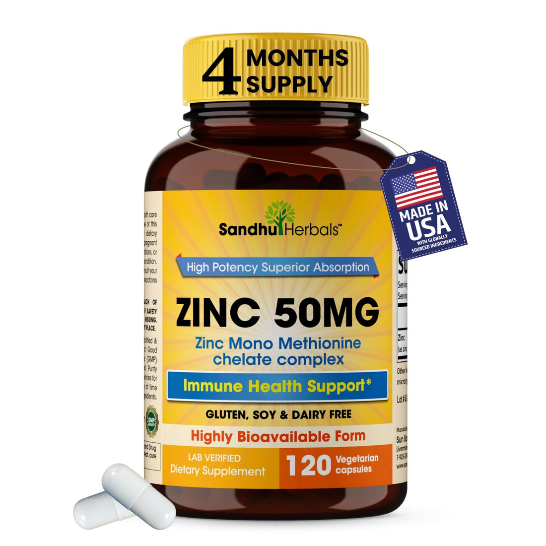 Zinc 50mg Capsules for Men and Women, 120 Count | Highly Absorbable Zinc Supplements for Immune System Support | Zink 50 mg Mono Methionine Chelated Complex - PrimeBioHealth - canada supplements