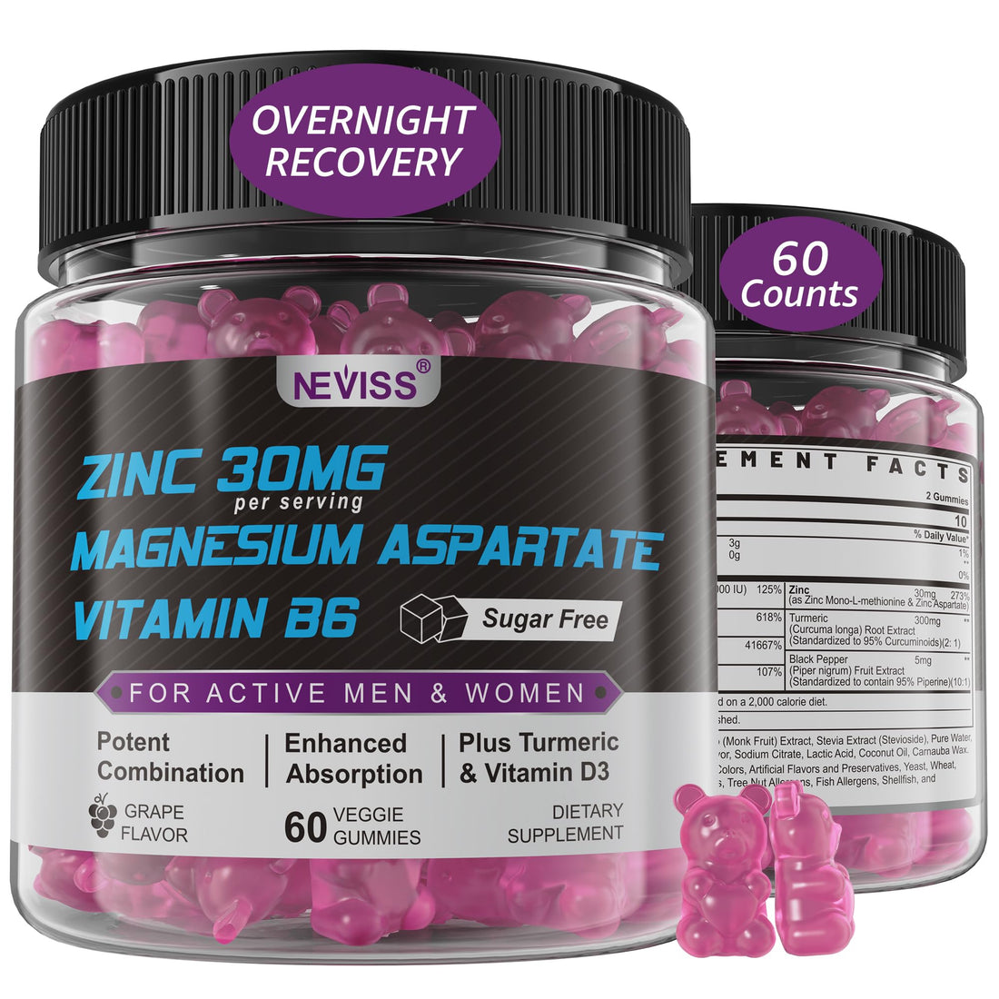 Zinc and Magnesium Supplement, Zinc Magnesium Aspartate Post Workout Gummies for Men Women, with Vitamin B6, B12, D3, Turmeric for Nighttime Recovery, Reduce Fatigue, Boost Immunity & Sleep, 120 Count - PrimeBioHealth - canada supplements