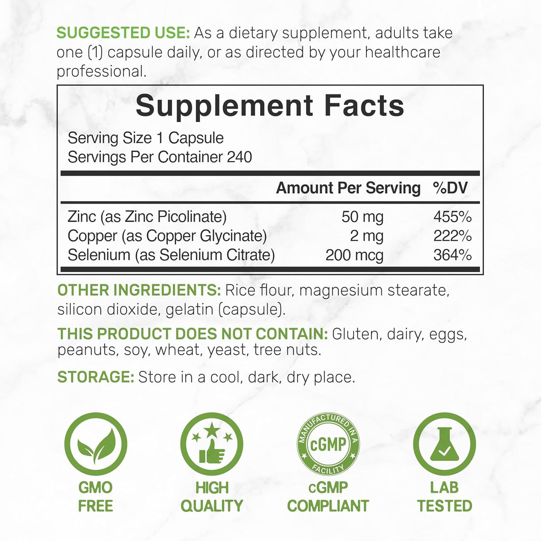 Zinc Picolinate 50mg with Copper & Selenium, 240 Capsules | 3-in-1 High Absorption Mineral Complex | Chelated Zinc Supplement for Immune Support* | 8 Month Supply - PrimeBioHealth - canada supplements