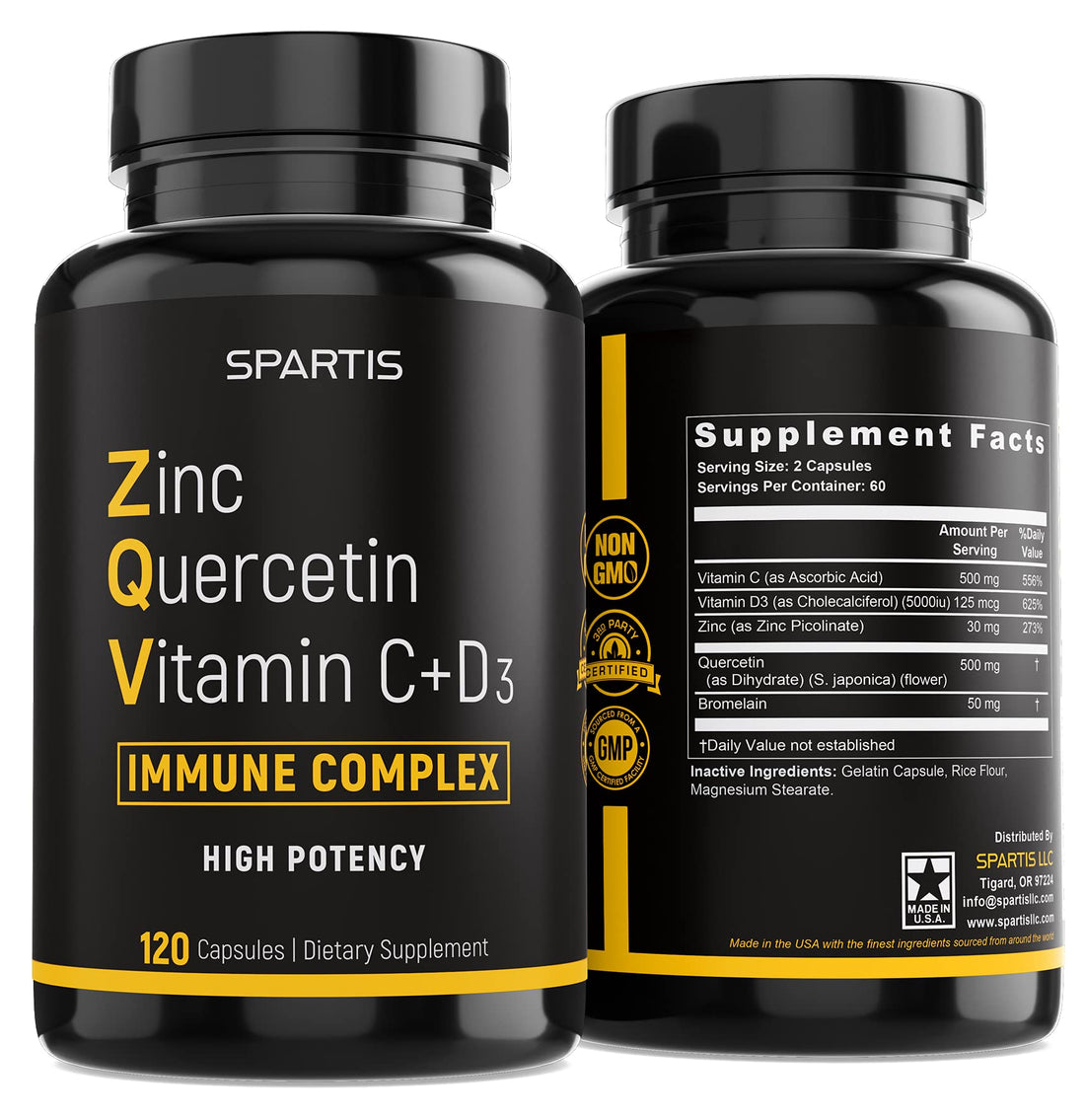 Zinc Quercetin 500mg with Vitamin C Vitamin D3 Bromelain Immune Support High Potency Quercetin Zinc Supplement ZQV by SPARTIS (Pack of 1 Bottle at 120-Caps) - PrimeBioHealth - canada supplements