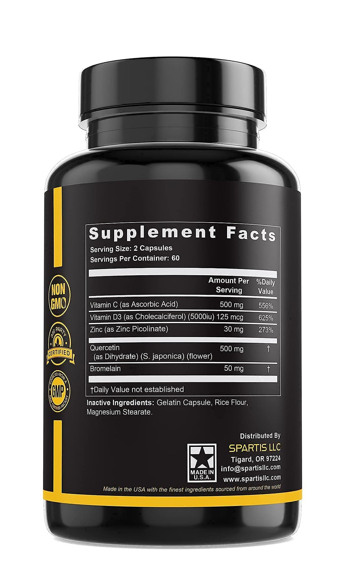 Zinc Quercetin 500mg with Vitamin C Vitamin D3 Bromelain Immune Support High Potency Quercetin Zinc Supplement ZQV by SPARTIS (Pack of 1 Bottle at 120-Caps) - PrimeBioHealth - canada supplements